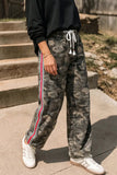 Camouflage Print Striped Side Panel Patched Drawstring Pants