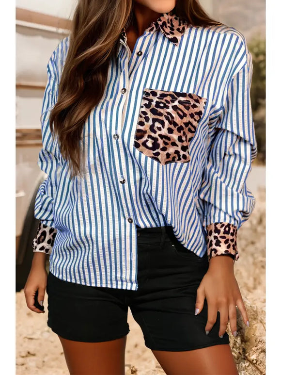 Western Wildly Chic Contrast Leopard Button Up Blouse