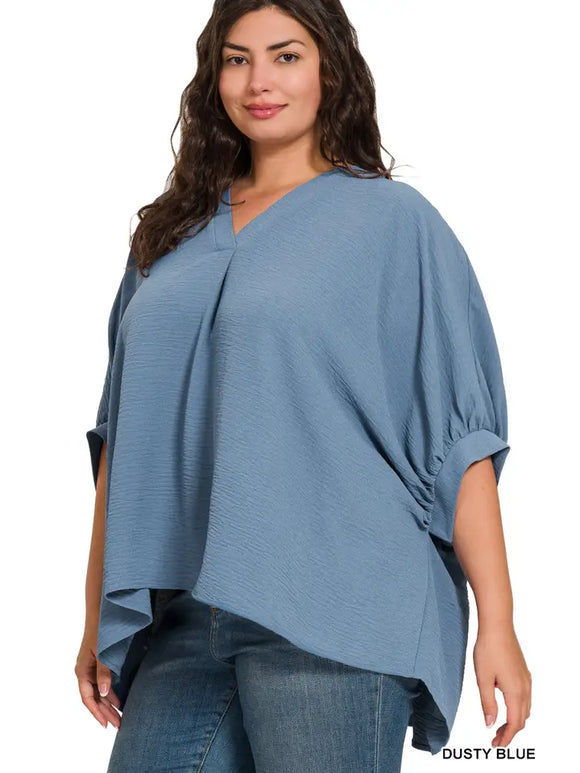 Plus Woven Airflow V Neck Puff Half Sleeve Top-DUSTY BLUE