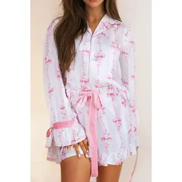 Satin Bow Long Sleeve Shirt an Ruffled Shorts Pajama Set