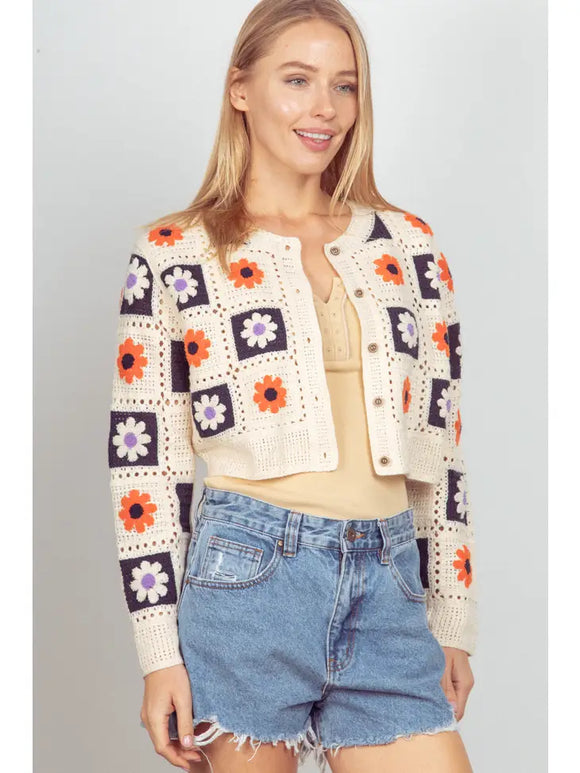 Multi-Color Floral Crochet Cropped Knit Cardigan