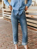 Mid Wash Cuffed Boyfriend Jeans W Studded Pocket