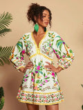 Bohemian V-Neck Three-Quarter Sleeve Mini Dress
