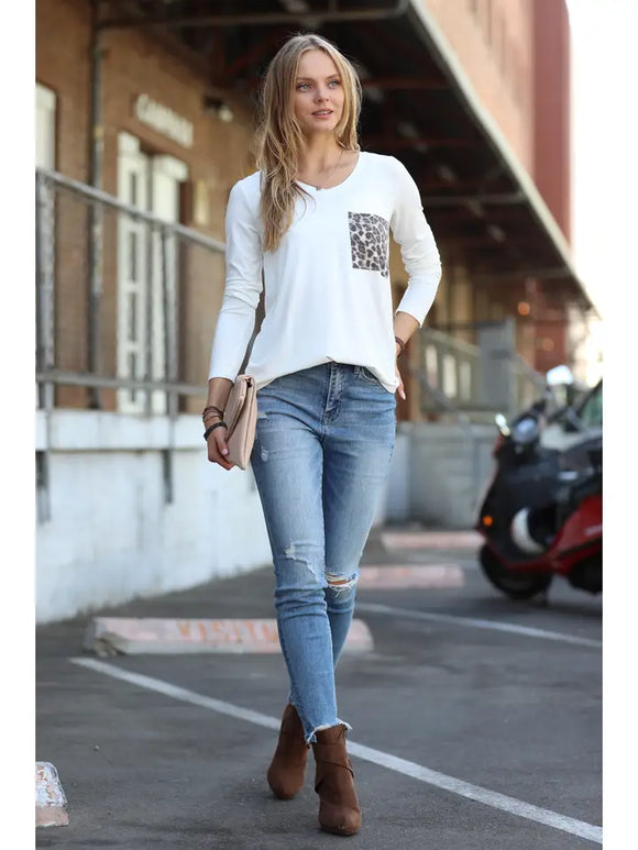 Luxe Rayon Long Sleeve V-Neck Leopard Pocket Top