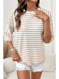 Stripe Textured Knit Split Hem Half Sleeve Top