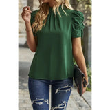 Solid Puff Short Sleeve Mock Neck Pleated T Shirt