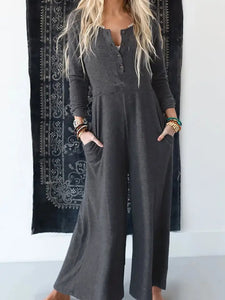 Button Long Sleeve Wide Leg Jumpsuit