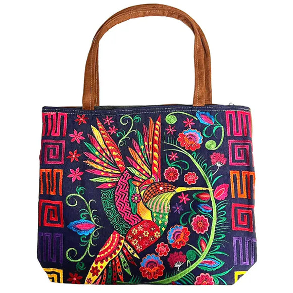 Embroidered Floral Hummingbird 2 Large Suede Purse Tote Bag