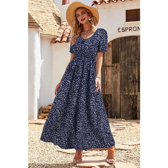 Allover Print Puff Sleeve Ruched Shirred Dress
