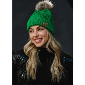 KELLY GREEN CABLE KNIT POM HAT