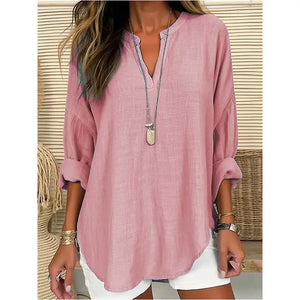 Blouse Linen Long Sleeve Casual V Neck Top
