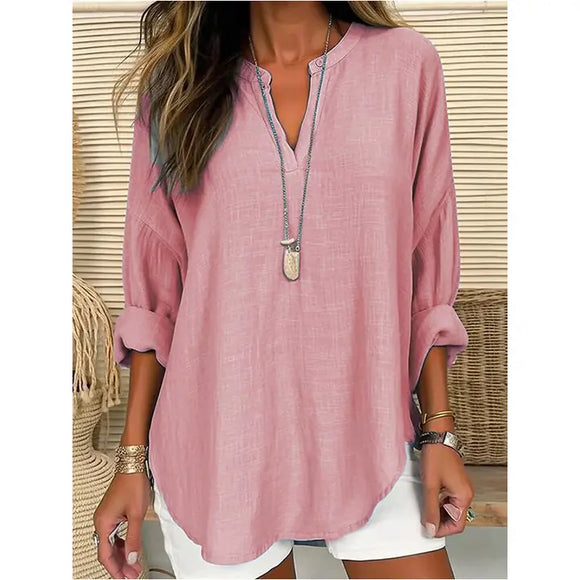 Blouse Linen Long Sleeve Casual V Neck Top