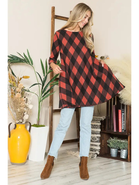 Plus Size Plaid Sweater Tunic /W Side-Pockets