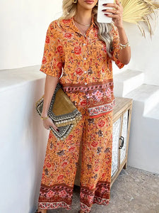 Color Print Short Sleeve Long Pants Suit