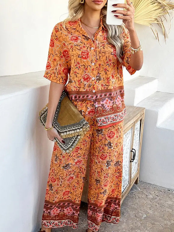 Color Print Short Sleeve Long Pants Suit