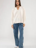 Raw Edge Split Neck and Hem Rib Knit Top