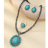 Vintage Round Flower Turquoise Pendant Jewelry Set