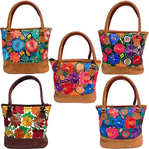 Embroidered Floral Pattern Vegan Suede Purse Tote Bag