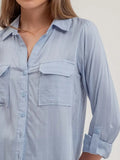 Pinstripe Collared 3/4 Sleeve Button Down Shirt