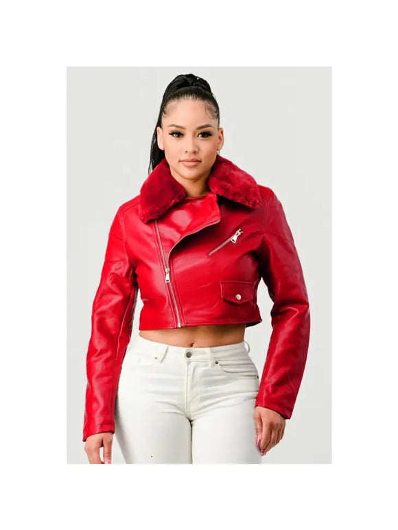 Faux Leather Moto Jacket-RED