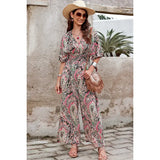 Boho Print Short Sleeve Shirred Waist Fit Jumpsuit