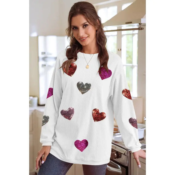 Valentines Heart Patched Pattern Corded Pullover Sweatshirt