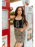 Brown Leopard Stretch Denim Printed Raw Hem Skirt