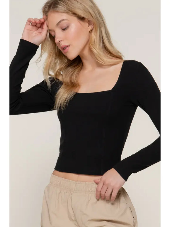 Long Slv Sweetheart Neck Seam Detail Knit Top