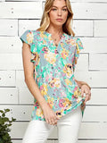 Plus Size Floral Henley Top with Ruffle Sleeve