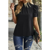 Solid Puff Short Sleeve Mock Neck Pleated T Shirt