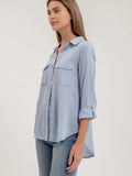 Pinstripe Collared 3/4 Sleeve Button Down Shirt