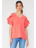 RUFFLED TULIP SLEEVE V-NECK TOP