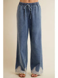 Lace Trim Wide Leg Elastic Mid Rise Denim Pants