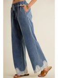 Lace Trim Wide Leg Elastic Mid Rise Denim Pants