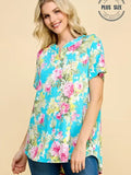 Plus Floral Split Neckline Short Slv Tunic Top