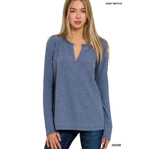 Melange Baby Waffle V Neck Long Sleeve Top