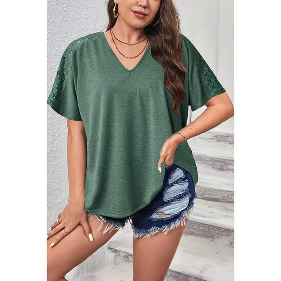 Plus Size Solid Color Block V Neck Loose Fit Shirt