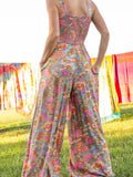 Floral Sexy Open Back Square Neck Wide Leg Jumpsuits