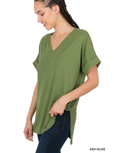 Rolled Sleeve Side-Slit V-Neck Top