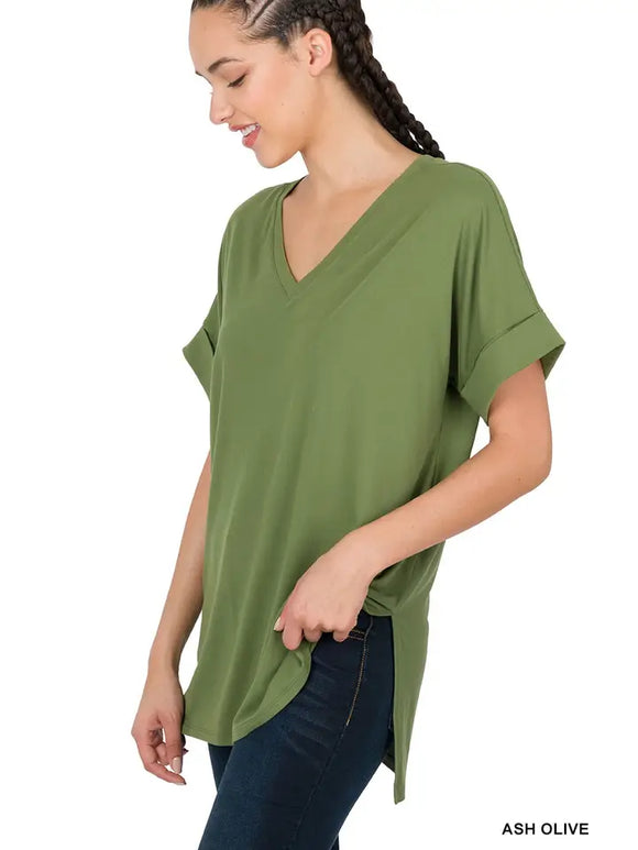 Rolled Sleeve Side-Slit V-Neck Top
