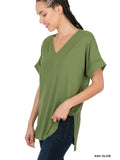 Rolled Sleeve Side-Slit V-Neck Top