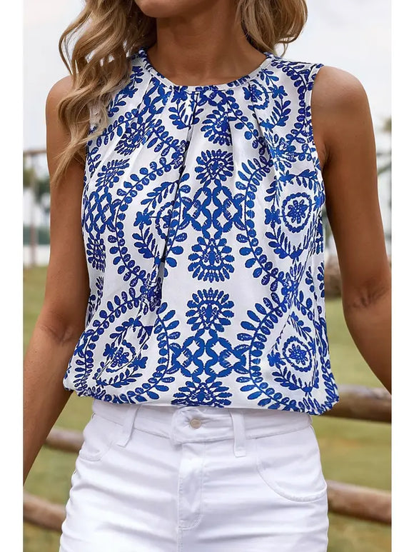 Fashion-W Boho Vintage Print Pintuck Crew Neck Tank Top