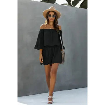 Solid Flare Sleeves Loose Fit Belt Romper