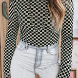 Black Plaid Stand Neck Long Sleeve Mesh Top