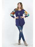 Plus Size Floral Print Bishop Sleeve Curved Hem