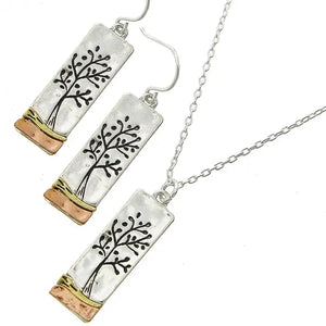 Antique Silver Tree of Life Rectangle Necklace Set