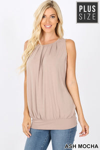 Plus Size Sleeveless Round Neck Pleated Top with Waistband-Ashmocha