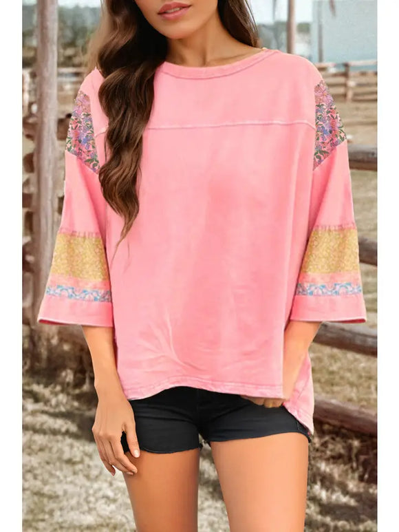 Fashion-W Floral Color Block Patchwork Long Sleeve Top