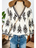 Fashion-W Boho Vintage Geometric 3/4 Sleeve V Neck Blouse