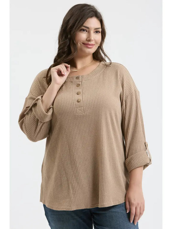 Plus 3/4 Tab Sleeve Henley Knit Top